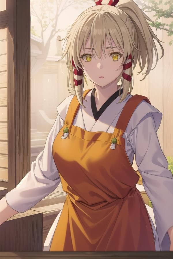 ukanomitamanokami, <lora:uka no mitama no kami s1-lora-nochekaiser:1>,uka no mitama no kami, long hair, blonde hair, hair ribbon, (yellow eyes:1.5), ponytail, tress ribbon,BREAK japanese clothes, miko, apron, (red apron:1.5),BREAK outdoors, shrine,BREAK looking at viewer, (cowboy shot:1.5),BREAK <lyco:GoodHands-beta2:1>, (masterpiece:1.2), best quality, high resolution, unity 8k wallpaper, (illustration:0.8), (beautiful detailed eyes:1.6), extremely detailed face, perfect lighting, extremely detailed CG, (perfect hands, perfect anatomy),