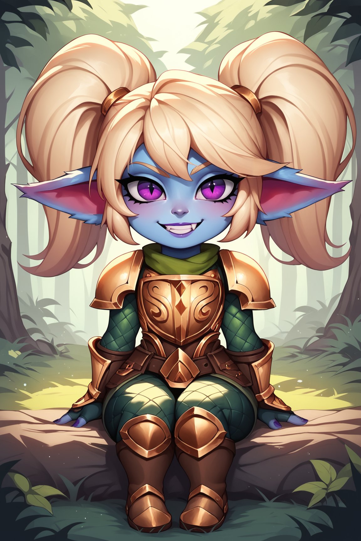 score_9, score_8_up, score_7_up, score_6_up, score_5_up, score_4_up, PoppyLoLXL, yordle, shortstack, purple eyes, blonde hair, twintails, blue skin, colored skin, golden armor,green snakeskin shirt, green snakeskin pants, brown boots, sitting, looking at viewer, seductive smile, forest, tree  <lora:PoppyLoLXL:0.7>