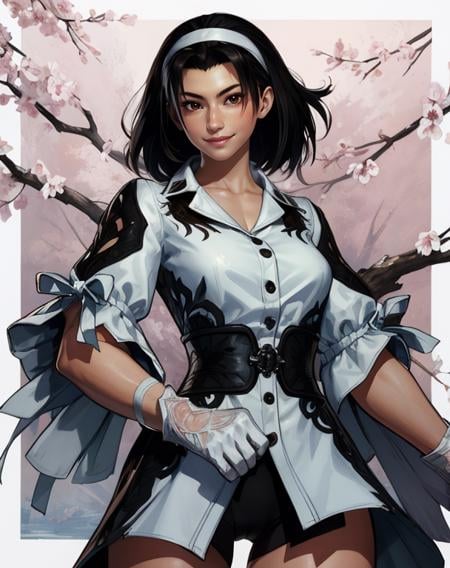 junkazama,black hair,medium hair,brown eyes,hairband,white top,wide sleeves,short sleeves,white gloves,black underpants,standing,smile,morning,spring,(insanely detailed, masterpiece, best quality),solo,<lora:JunKazamaT8:0.8>,