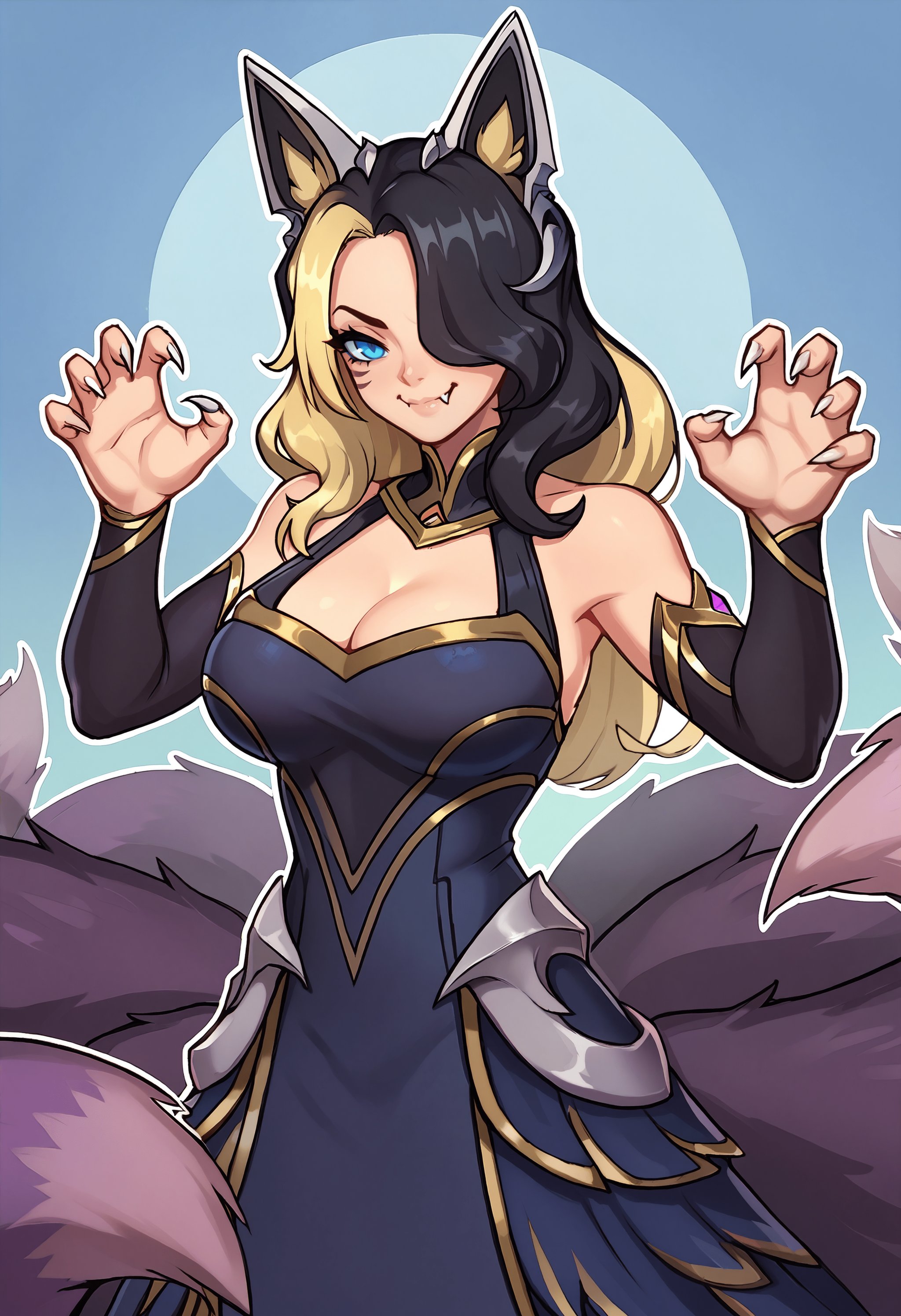 score_9, score_7_up BREAK  Ahricoven, animal ears, facial mark, fox tail, multiple tails, long hair, multicolored hair, two-tone hair, blonde hair, black hair, hair over one eye, blue eyes, large breasts, Dress, bare shoulders, cleavage, detached sleeves, claws,outline,smirk,claw pose,cute fangs  <lora:Ahri_Coven_pdxl_Incrs_v1:0.8>