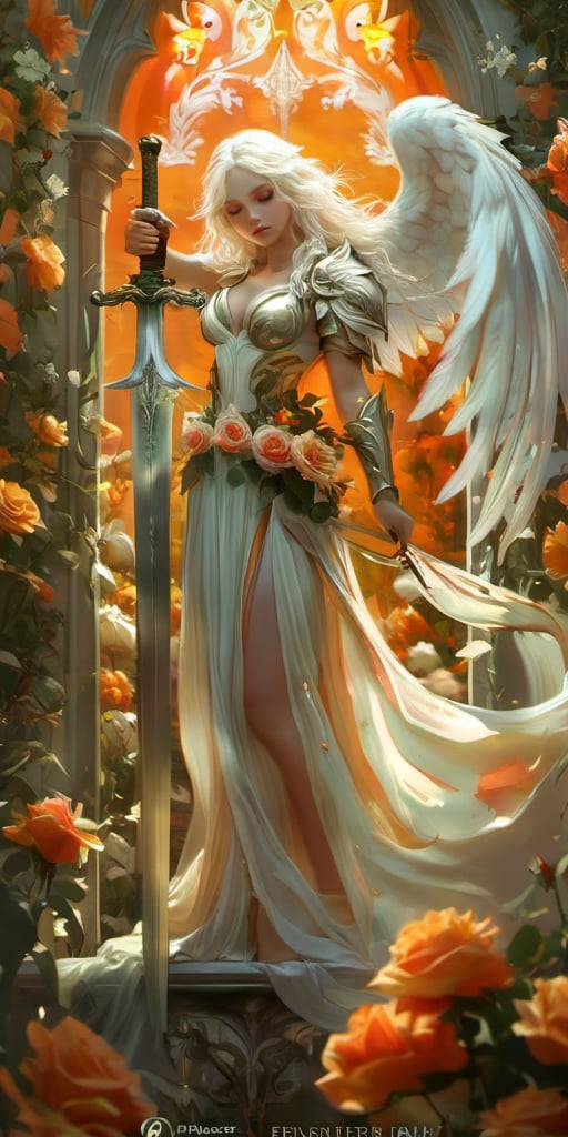 white wings, 1girl, weapon, wings, flower, long hair, solo, sword, closed eyes, angel wings, holding weapon, rose, angel, holding, holding sword, vines, blonde hair, feathered wings, pillar, standing, plant, armor, orange flower, jewelry, watermark, breasts, facing viewer, lips, closed mouth, white hair, shoulder armor, white dress,<lora:xltk:0.6>,