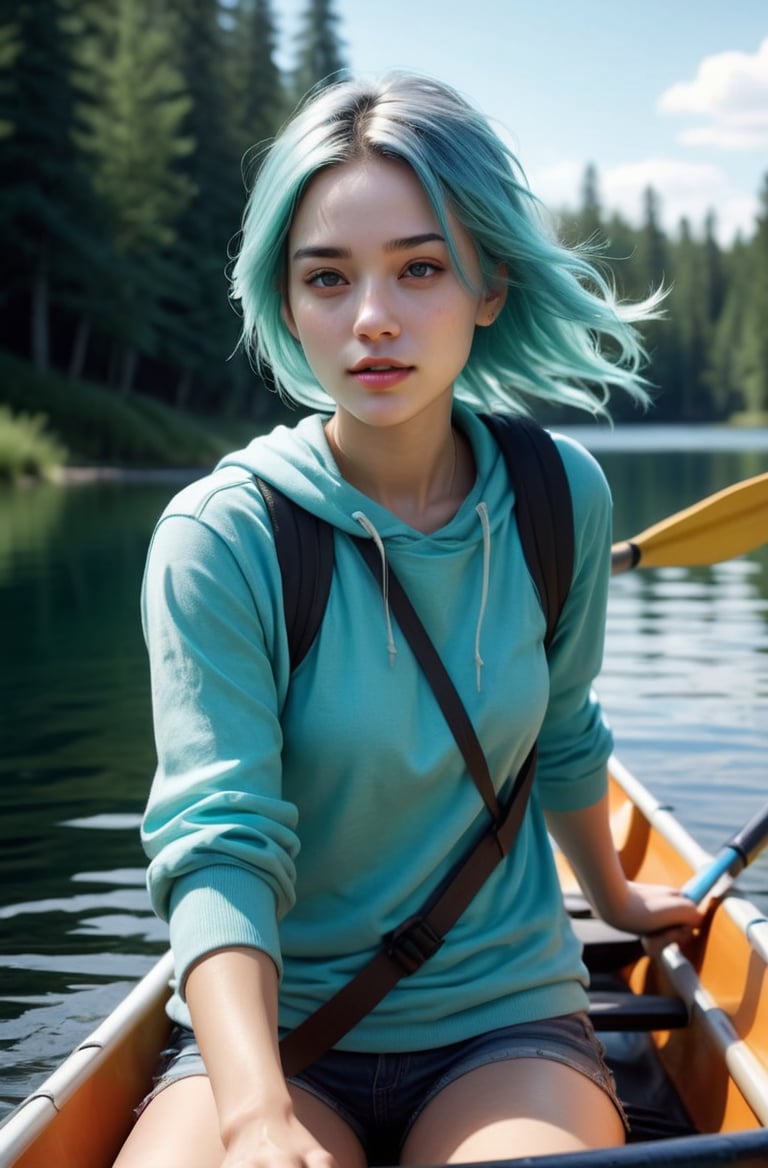 masterpiece of photorealism, photorealistic highly detailed 8k photography, best hyperrealistic quality, volumetric lighting and shadows, hair flaps aqua hair young woman in casual clothes, Peaceful Canoeing on Still Lakes full of busy people, High-Speed Action Freeze Frame