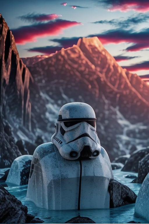 Starwars,  Stormtrooper, solo,  Sky,  cloud,  water, no humans,  glowing,  helmet,  robot, mecha,  robot,  science fiction,  mountain,  motion blur, fog,<lora:EMS-84091-EMS:1.000000>,<lora:EMS-290911-EMS:1.000000>