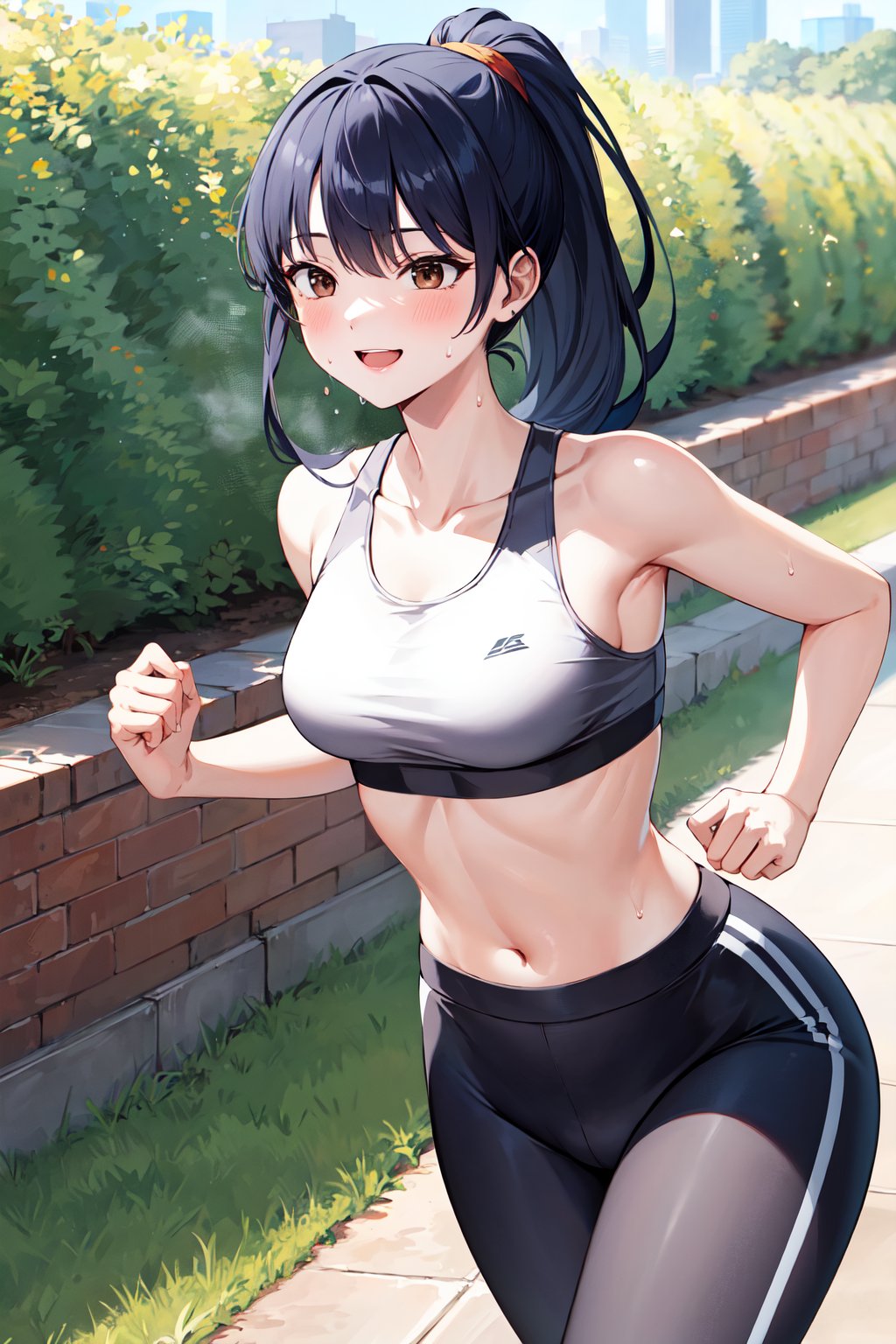 masterpiece, best quality, highres, aaanna, long hair, brown eyes, <lora:yamada_anna_v1:0.7>, ponytail, sports bra, leggings, running, sweat, cowboy shot, outdoors, park, smile