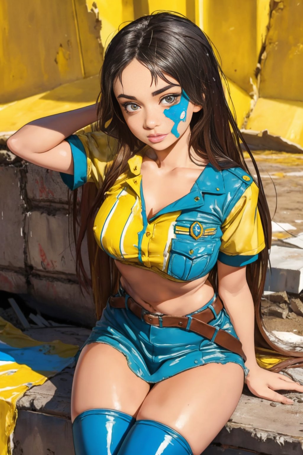 a sfw beautiful S012_GloriaSol with her half yellow and blue ukranian flag in a military outfit (painted face:1.1) <lora:ukranianStandardV1:1> in ruins of war  <lora:ukrainelorav1:0.4>