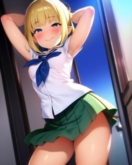 (pija pianissimo), (sfw), 1girl, blush, smile, cowboy shot, dynamic angle, arms behind back, small breasts, looking_at_viewer, school_uniform, shirt, skirt,  <hypernet:pija-23200:1>