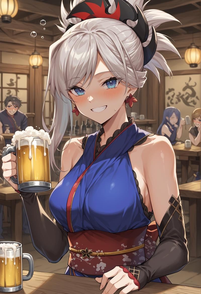 1girl, blue eyes, long hair, grey hair, single sidelock, ponytail, hair ornament, japanese clothes, sleeveless, obi, bridal gauntlets, siting, indoors, tavern, drunk, smile, blushing, holding beer mug, looking at viewer <lora:Musashi:1>, score_9, score_8_up, score_7_up, score_6_up, score_5_up, score_4_up, BREAK source_anime, masterpiece