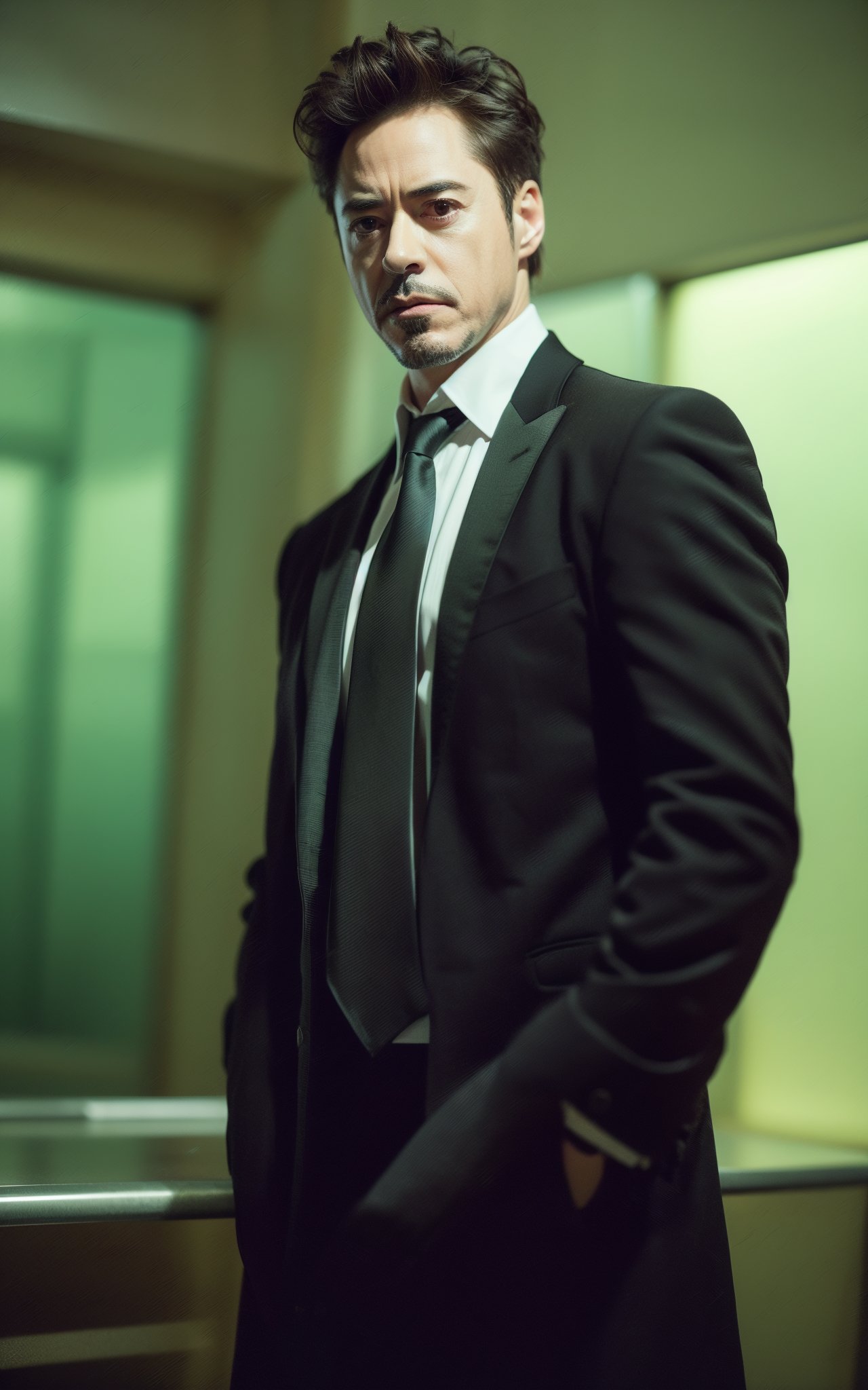 Robert Downey Jr.,wearing a suit to attend the meeting,(masterpiece, top quality, best quality, official art, beautiful and aesthetic:1.2),cover art,(photo effect:1.5),