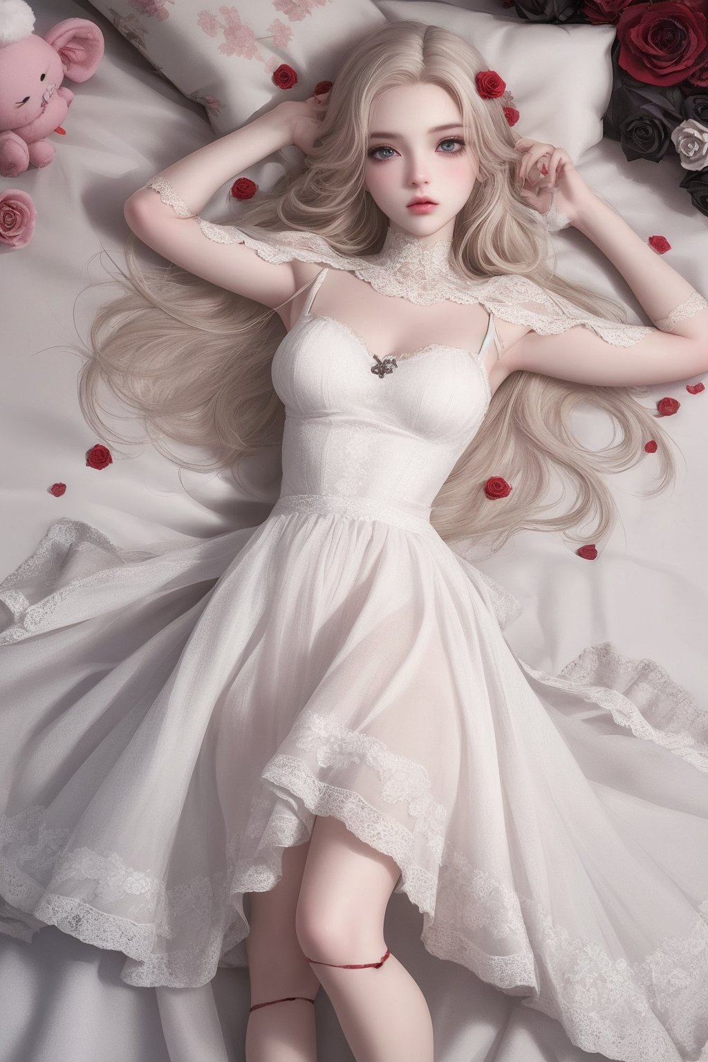 1girl,solo,long hair,dress,rose,bjbdoll,lying,deep_skin,, best quality,masterpiece,highres,official art,extremely detailed cg unity 8k wallpaper,