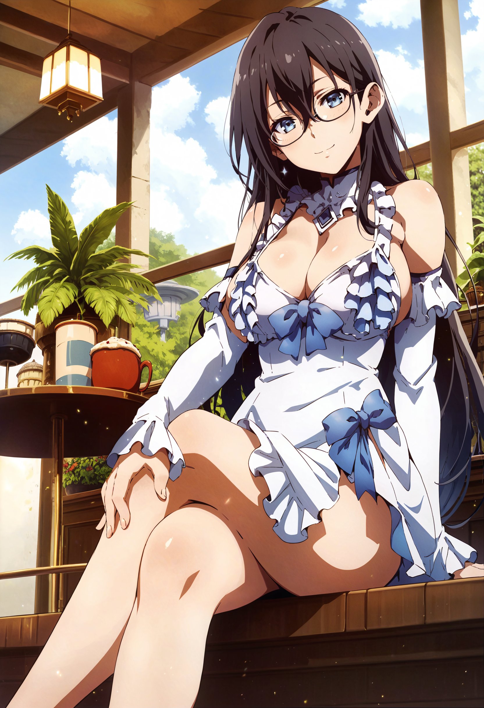 score_9,score_8_up,score_7_up,score_6_up,source_anime,<lora:MeMaXL_V3:1>,1girl,glamor,sitting,front view,straight-on,close-up,upper body,black hair,straight hair,shiny hair,long hair,hair between eyes,blue eyes,beautiful_detailed_eyes,light blush,large breasts,cleavage,from below,looking at viewer,glasses,seductive_smile,frills,white sundress,bare shoulders,detached sleeves,cafe,crossed legs,hand on knee,