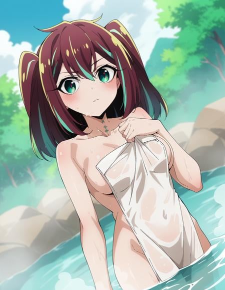 score_9, score_8_up, score_7_up, source_anime,matamaakoya, <lora:matama-akoya-ponyxl-lora-nochekaiser:1>matama akoya, long hair, brown hair, green eyes, multicolored hair, aqua eyes, two side up, streaked hair,nude, naked, outdoors, onsen, towel, naked towel, steam, bathing, nude cover, partially submerged, water, bath, steam censor, wet towel,looking at viewer, dutch angle, cowboy shot