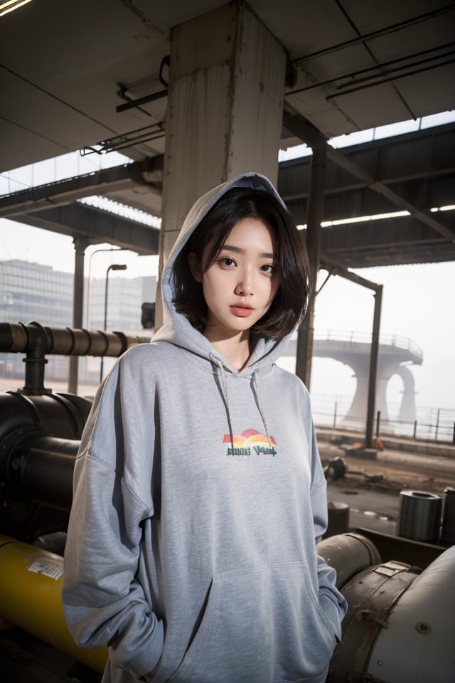 ((upper body:1.5)) 1girl stands in the center,short hair,She is located in a misty industrial pipe,  with a lot of tall buildings and big road,Her outfit was cool,casual yet British - (paired with an oversized rainbow hoodie that covered her long legs). With her hair partially falling around her face,her pose exudes a sense of freedom and joy,reflected in the dusty dark and misty industrial pipe, 