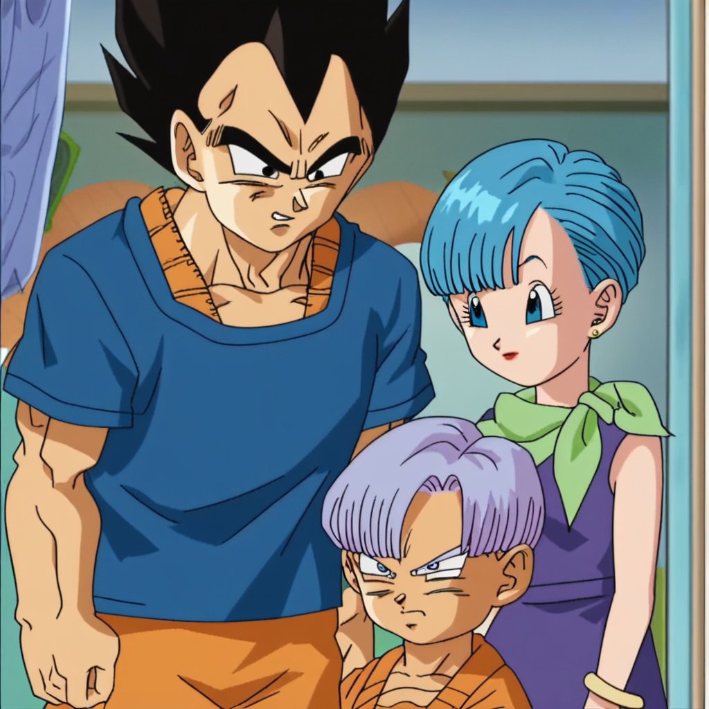 score_9, score_8_up, score_7_up, source_anime, rating_safe, vegeta, bulma, trunks (dragon ball), family focus, 1boy, male child, 1girl, anime screencap,