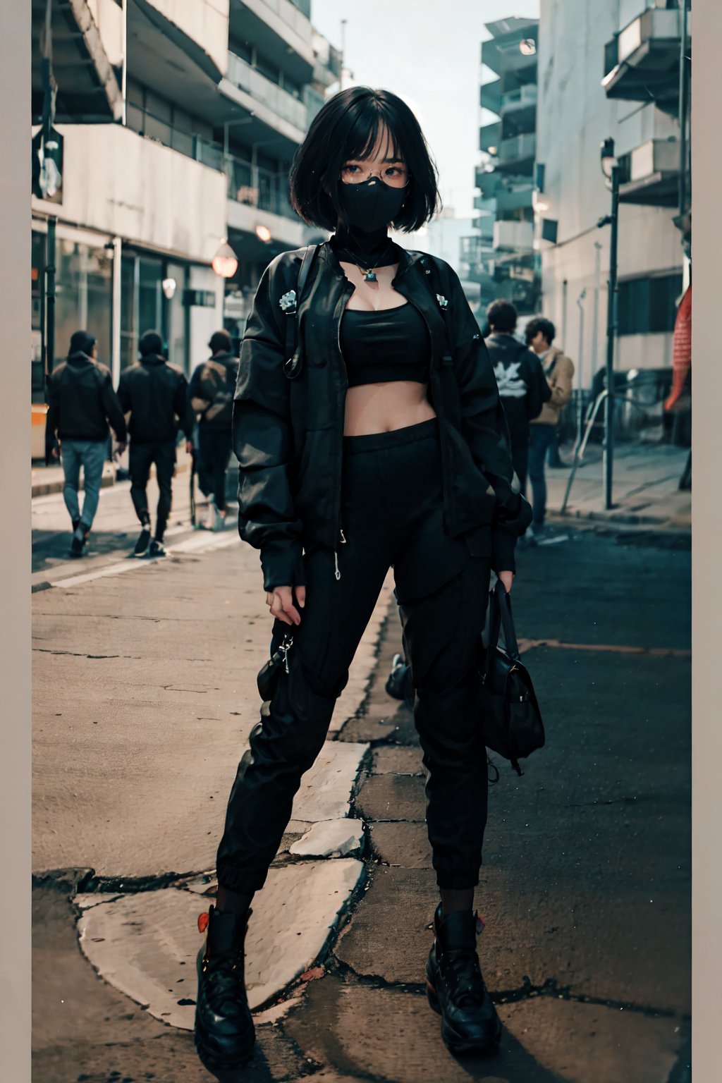 <lora:817_10500:1:FACE>urbansamurai, best quality, fullbody, a woman, wearing a black techwear jacket and black pants, a crystal necklace,(glasses), bob cut, long legs, on the street