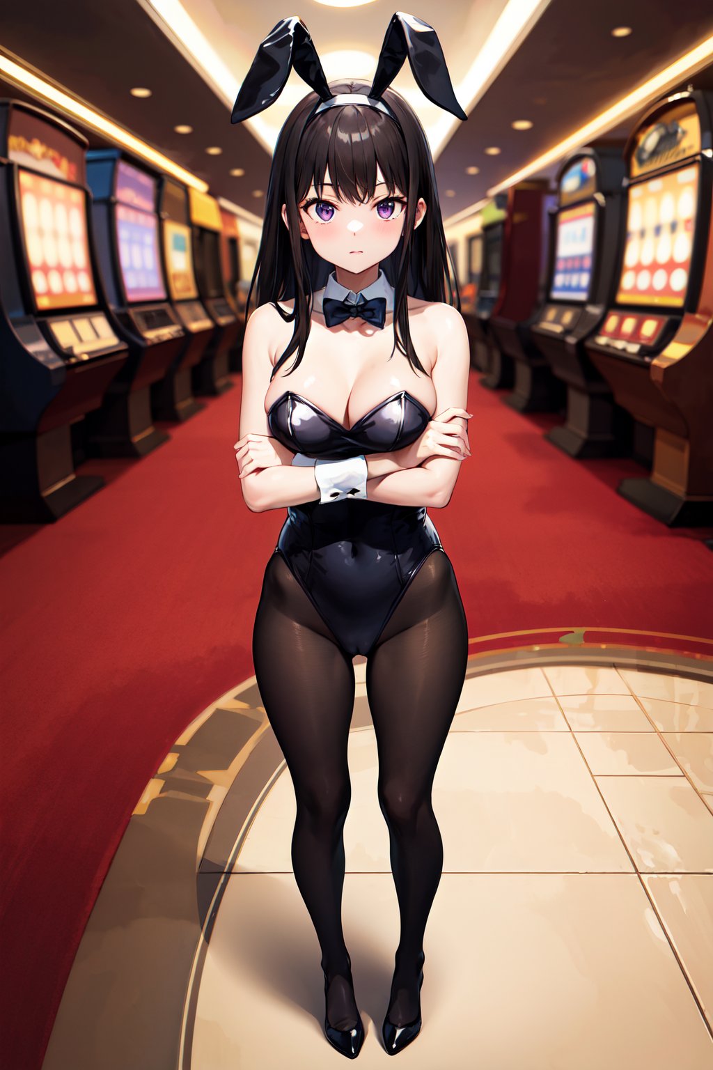 masterpiece, best quality, highres, aatakina, long hair, black hair, <lora:inoue_takina_v1:0.7>, playboy bunny, rabbit ears, hairband, casino, standing, pantyhose, crossed arms, 