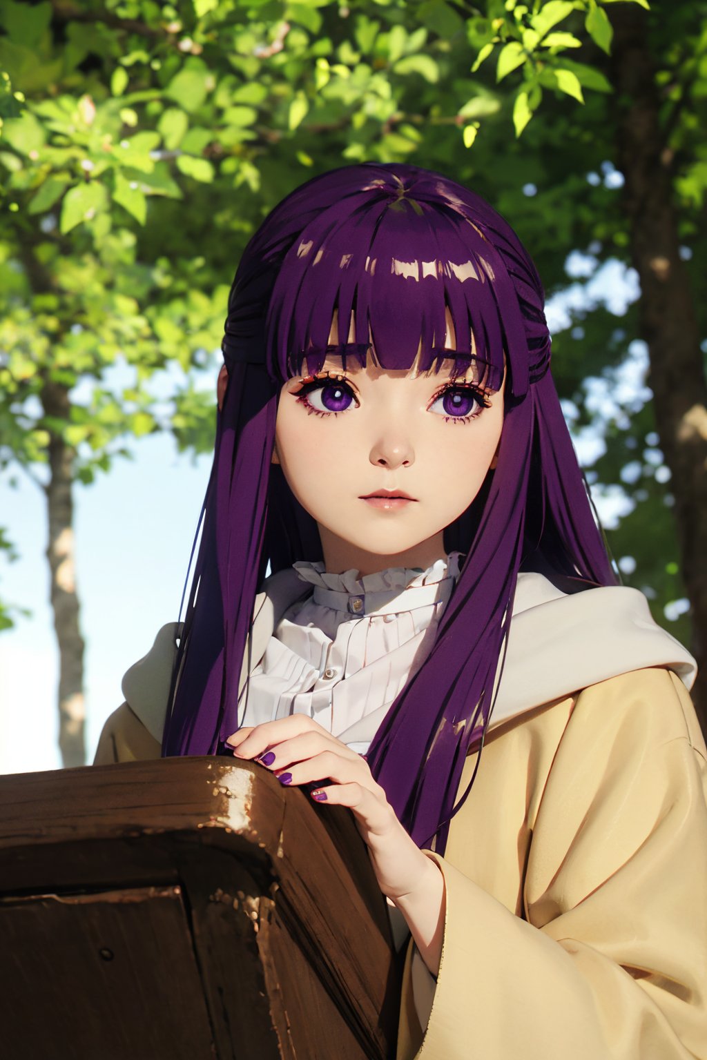 angel face, lifelike, waist, lifelike, petite\(figure\), cute adorable face, 1girl, (fern:1.4), long hair, bangs, thinned eyebrow, (purple sad eyes:1.1), (purple long hair:1.3), sidelocks, blunt bangs, bright pupils, half updo,exquisite detail complexion, flossy skin complexion, extreme detail facial features, blue eyes, extreme detail irises, symmetrical eyes, reflexive eyes retinas,detailed eyebrows, detailed eyelashes, blushed, professional makeup, in his shirt, feminine hand, beautiful finger polished nails,exquisite body parts detailing, fabulous hairstyles, classy, glamourous, makeup, soft shadow, blended saturation, extreme clarify,extremely detailed body, extremely intricate details, extremely detailed environment, maximalism in detail, dust particles, sub surface scattering, under shade, Tyndall effect, volumetric light, blended saturation, noise reduction, visual compositional balancing, multi-layers and textures variation, masterpiece, best quality, exquisite masterpiece, professional photography,extremely exquisite detailed, hyper detailed, extremely high resolution, extremely high res, high resolution, highres, dramatic cinematic light, (outdoor surrounding:1.2), (ultra-wide angle in house finely design kitchen, background:1.4), extremely explicit detail, extremely sharp focus,HDR, DSLR, high dynamic color range, RAW Photo, 50mm lens, F/1.2, Shutter speed 1/200, ISO 50,style by inoue takehiko <lora:fern-lyco-nochekaiser:1>