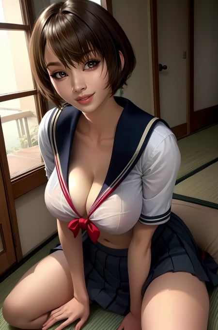 Yuika,brown hair,brown eyes,short hair,lips,white school uniform,cleavage,midriff,smile,sitting,indoors,japanese home,(insanely detailed, beautiful detailed face, masterpiece, best quality),solo,<lora:YUIKA:0.8>,