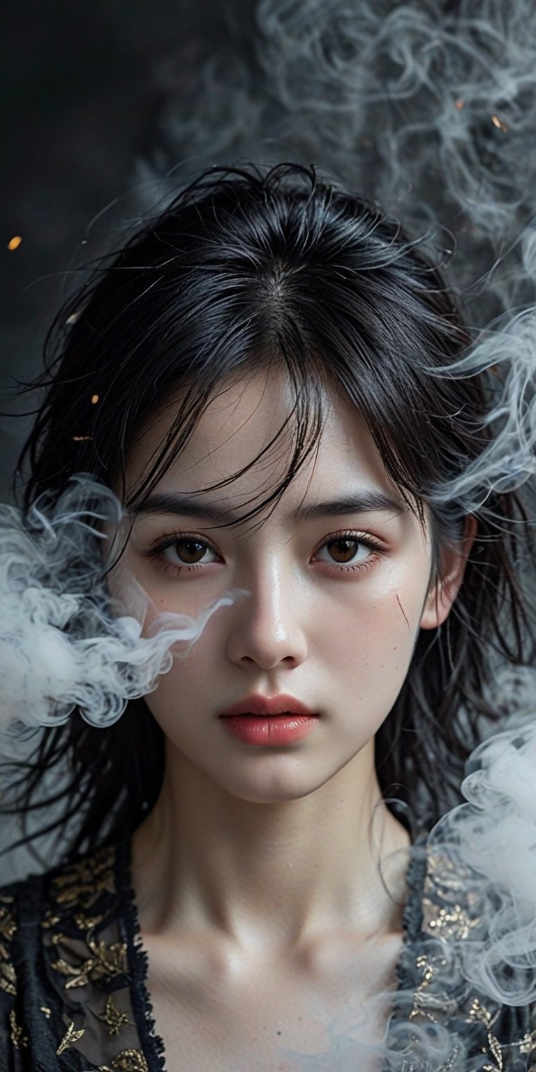 fashion portrait,close-up portrait,a Chinese girl **** of black smoke,dynamic vision,bailing_darkness,black smoke,(1girl:0.4),Vaguely a girl **** of smoke., white background