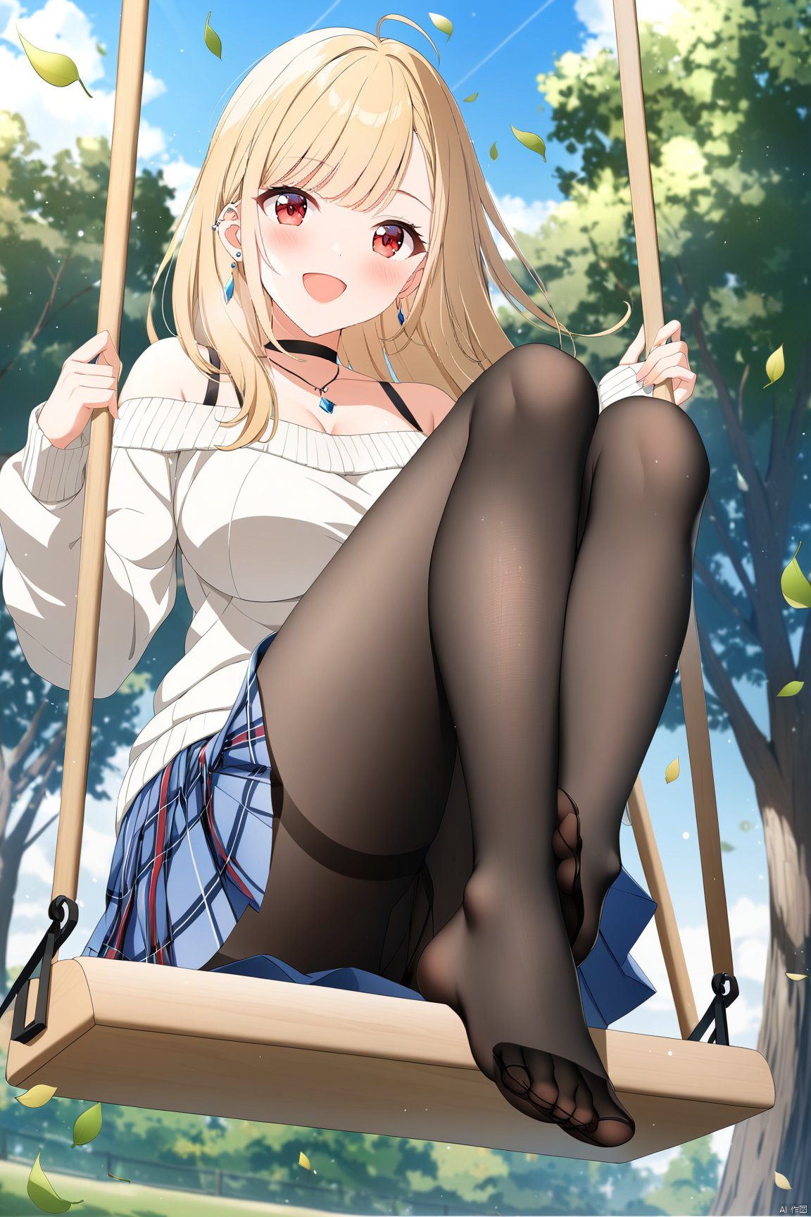 swing, 1girl, blonde hair, pantyhose, shoes, feet, skirt, long hair, solo, outdoors, choker, jewelry, breasts, kitagawa marin, soles, open mouth, sitting, no shoes, black pantyhose, blue skirt, leaf, smile, falling leaves, toes, sweater, bangs, day, off shoulder, looking at viewer, black choker, sky, red eyes, single shoe, large breasts, earrings, long sleeves, blue sky, necklace, ahoge, plaid skirt, legs, off-shoulder sweater, swinging, shoes removed, plaid, foot focus, full body, tree, :d, from below, multicolored hair, piercing, miniskirt, white sweater, blush