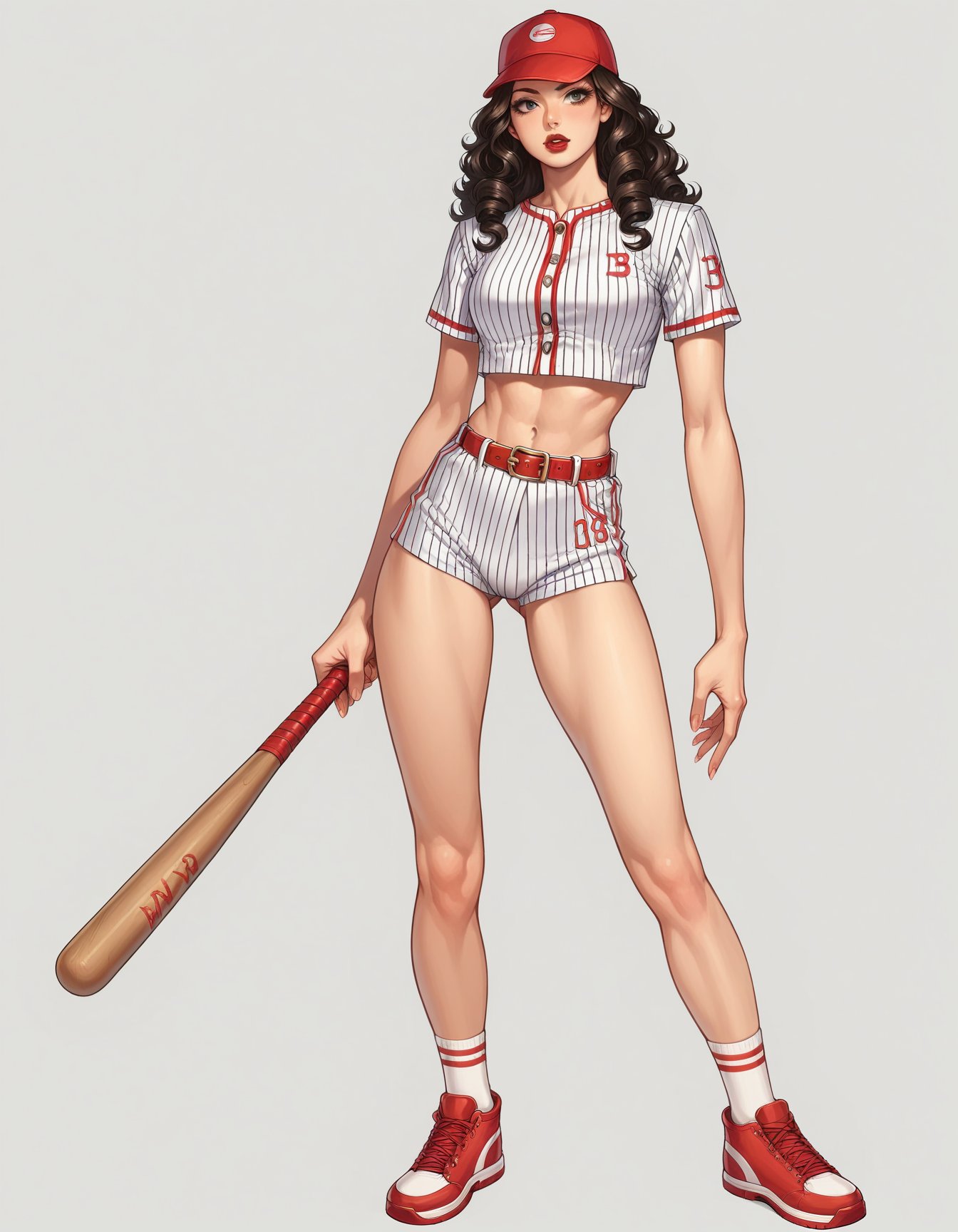 score_9, score_8_up, score_7_up, score_6_up, anime, best quality, 1girl, long black curly hair, red lipstick, hud_bbll_plyr, baseball cap, striped, midriff, belt, baseball uniform, crop top, <lora:hud_bbll_plyr-000008:0.7>, baseball bat, full body, pussy, 1boy, penis, vaginal, 