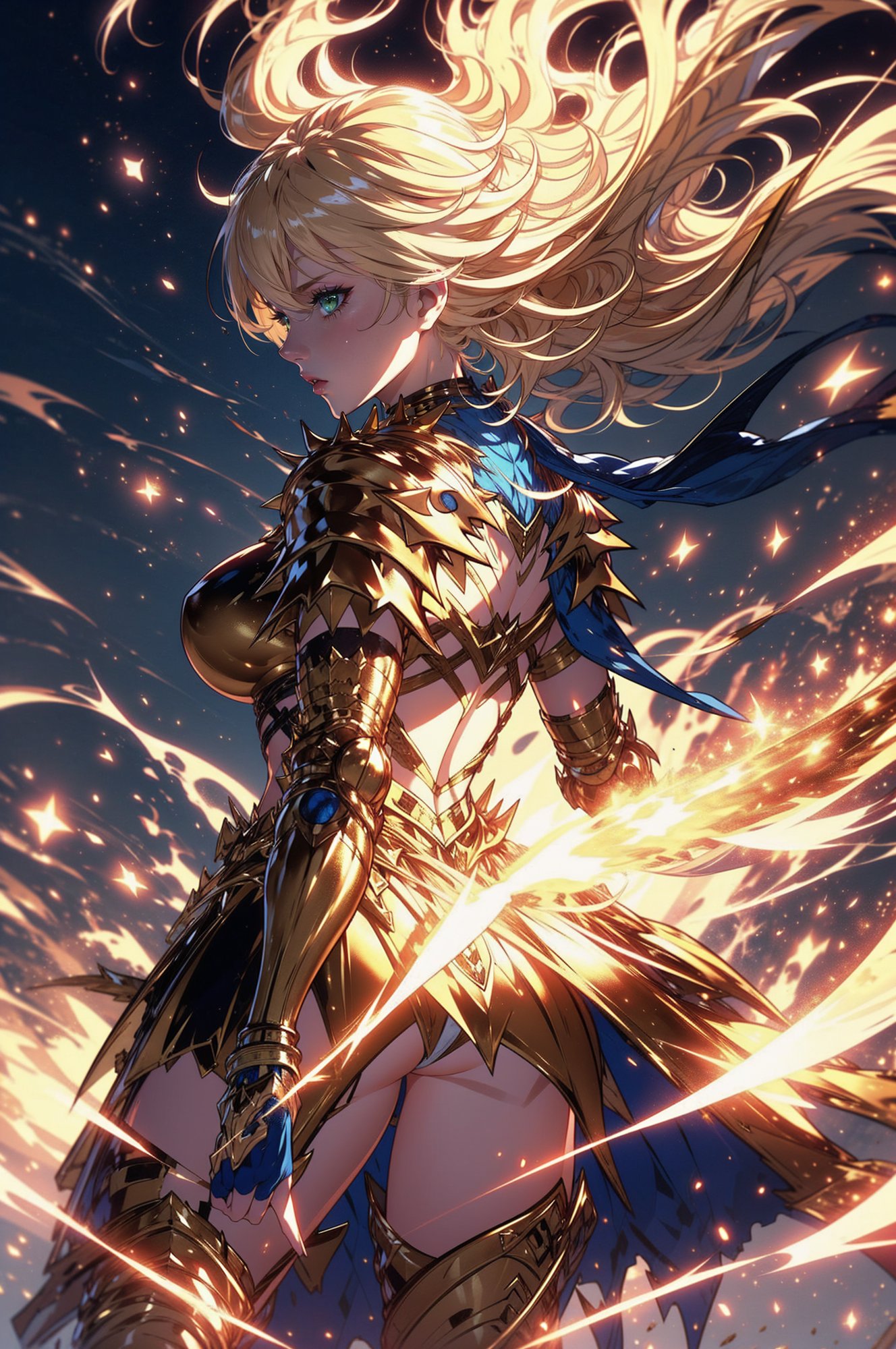 (spread legs), stunning woman wearing LAColdFury, <lora:LAColdFury:0.7>, (blonde hair:1.2),(long hair, hair over shoulder, hair blown by wind), garter strap, blue cape, gold armor, (gold boots), (high heel boots), from behind, looking back,  (cape blown by wind:1.3), (scattered weapons on ground), (windy:1.3), dynamic posing,  BREAK, movie poster, epic, (masterpiece:1.2, best quality), (photorealistic:1.2, intricate details), solo, looking at viewer, fantasy, background of castle on fire, smoke, (dust storm:1.3),  <lora:DTbm_20230901232236:0.8> fire,floating,flame,magic,glowing <lora:magic_particles:0.8> magic particles