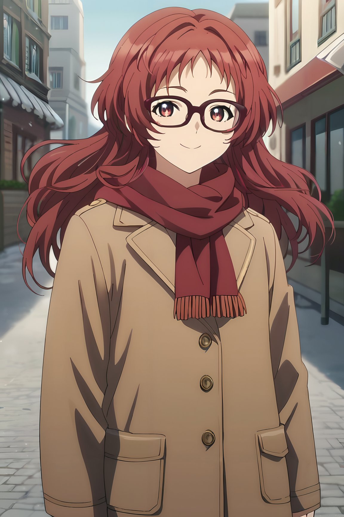 score_9, score_8_up, score_7_up, source_anime, zPDXL2, 1girl, <lora:ai_mie:1>, miewz, red eyes, red hair, long hair, glasses, red scarf, street, city, floating hair, walking, brown coat, winter clothes, winter, snow, looking at viewer, light smile,  <lora:Fine_Anime_Screencap-ponyV1:1> fine anime screencap_xl, anime_screencap<lora:sd_xl_dpo_lora_v1:1>