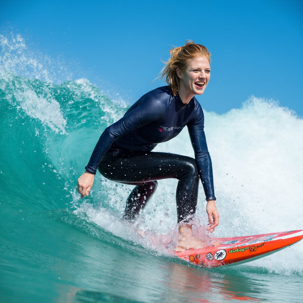 A dynamic close-up action shot of rose_leslie riding a wave. She is wearing a dark blue wetsuit, is captured mid-ride on a vibrant red surfboard adorned with colorful stickers. Her right arm is extended forward, and her left arm is bent at the elbow. The wave behind the surfer is a brilliant turquoise, with white foam splashing around it. The clear blue sky indicates a sunny day. The image captures the thrill and energy of surfing.