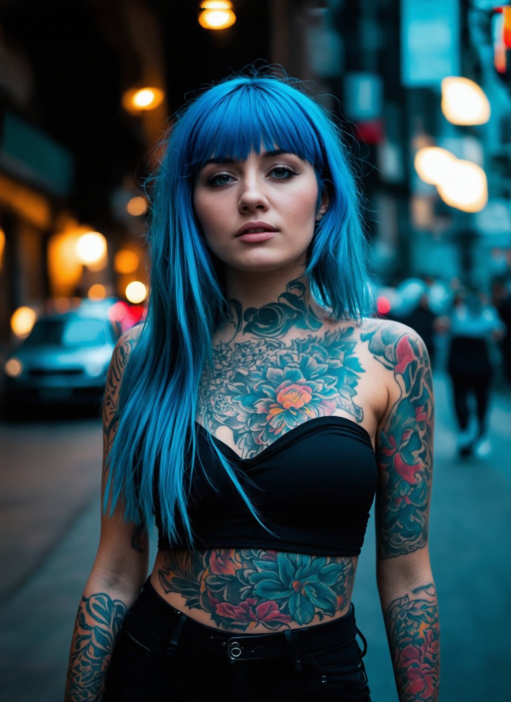 cinematic still Medium format photorealistic highly detailed 8k photography, (Woman with vibrant blue hair and intricate body artwork:1.2), Balanced perspective, Expressive tattoos, Rich colors, (Personal narratives showcased:1.3), Creative expression, Individualistic storytelling, (Unique portrayal:1.3), Detailed visual storytelling, Artistic vibrancy, emotional, harmonious, vignette, highly detailed, high budget, bokeh, cinemascope, moody, epic, gorgeous, film grain, grainy