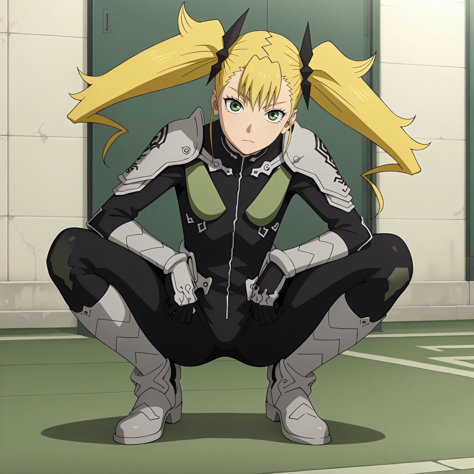 <lora:KikoruShinomiyaXLpony002>,solo,KikoruShinomiya,1girl,blonde hair,twintails,green eyes,black bodysuit,shoulder armor,gauntlets,boots,full body,squatting,