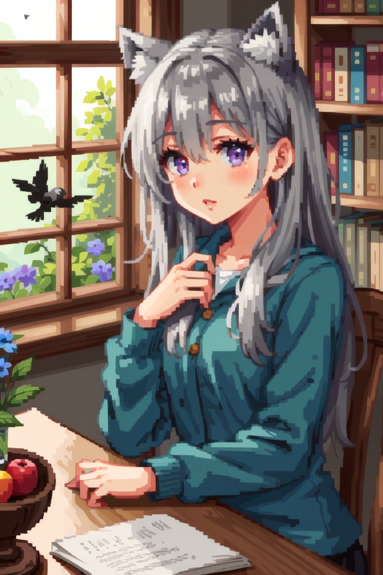 ((HRD, HUD, 8K)),((masterpiece, best quality)), highly detailed,1girl, bird, purple eyes, animal ears, flower, window, blue flower, solo, hair between eyes, fruit, book, bookshelf, long sleeves, looking at viewer, food, long hair, blush, crow, animal, indoors, sitting, bangs, chair, grey hair, shirt, open window, apple, petals, vase