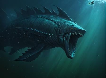 <lora:Leviathan_XL:1>  leviathan a sea monster, underwater, under the ocean, depths, (masterpiece), best quality, highres, 4k, 8k, intricate detail, cinematic lighting, amazing quality, amazing shading, soft lighting, gloomy colors, dark aura, horror