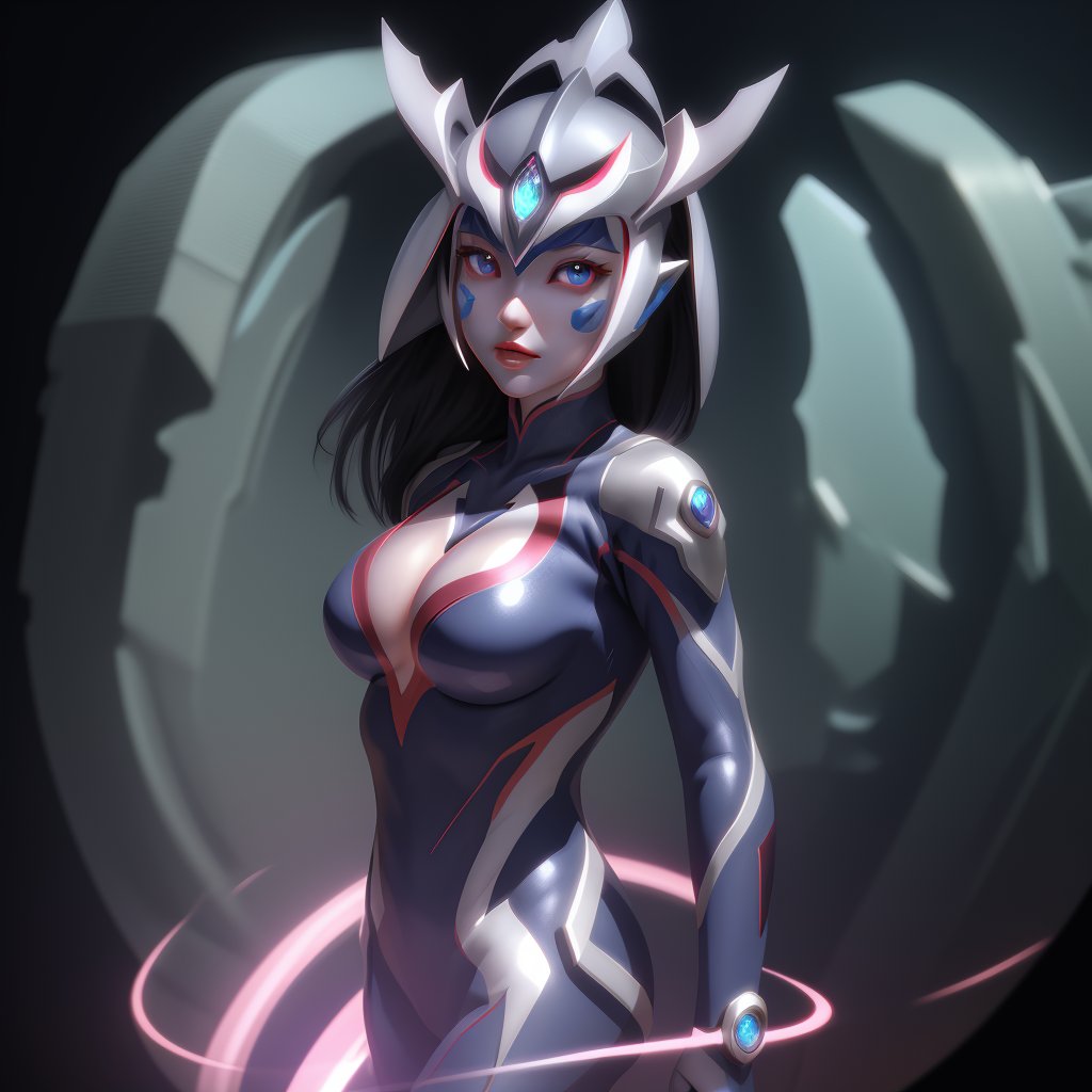 simple background,female ultraman,delicate features,large breasts,glowing eyes,gem,bodysuit,Ray Tracing Reflections,circle,upper body,expressionless,symmetric facial features,