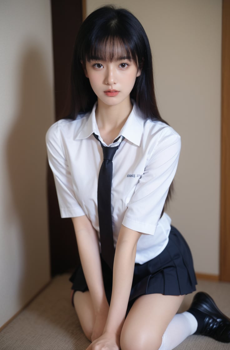 1girl,solo,black hair,necktie,skirt,kneeling,long hair,socks,looking at viewer,black footwear,realistic,school uniform,shirt,white socks,white shirt,shoes,  <lora:美女小姐姐跪着摄影:0.8>