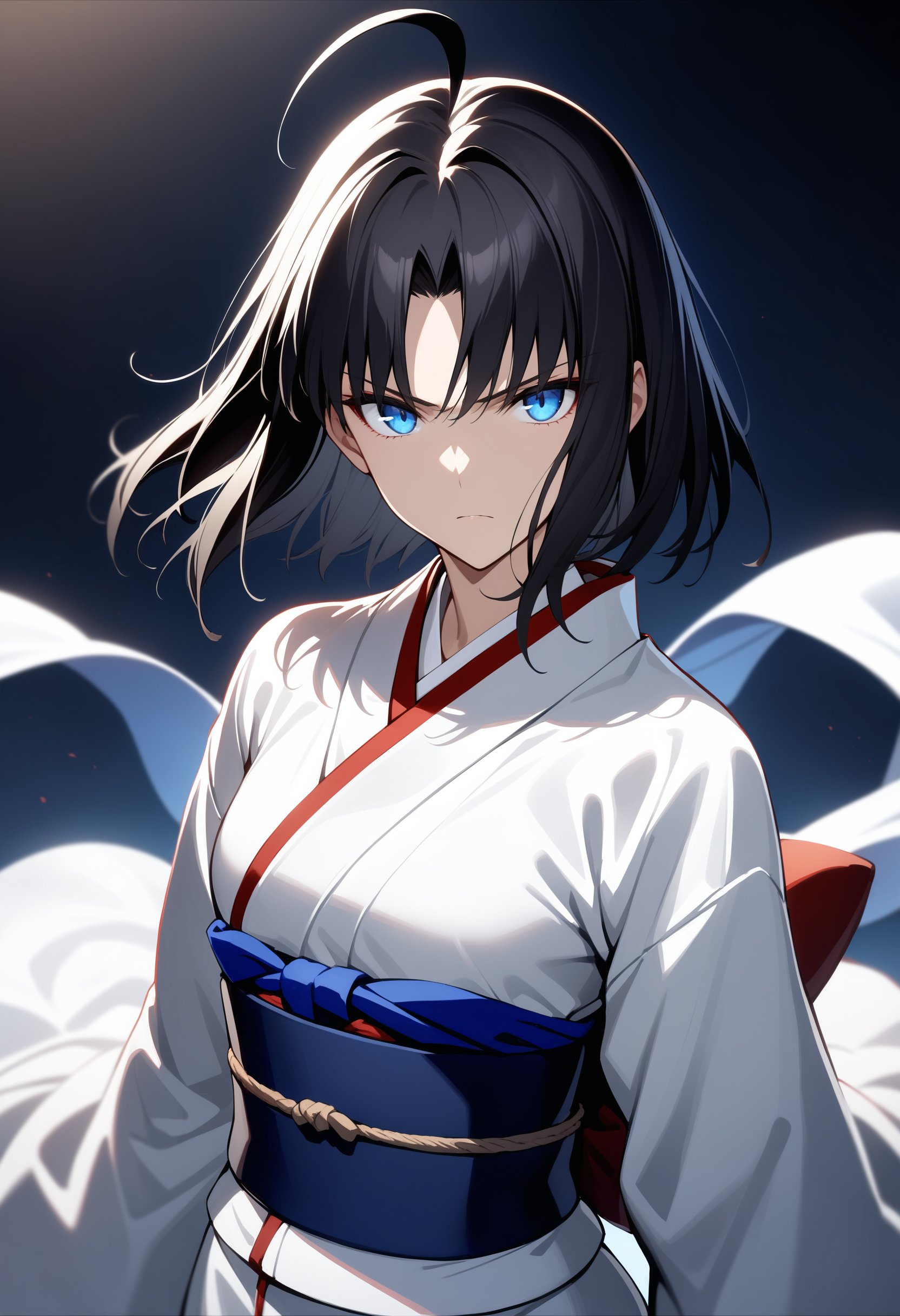 masterpiece, best quality, very aesthetic, absurdres,1girl, ryougi shiki, kara no kyoukai, black hair, blue eyes, white kimono, obi, sash, japanese clothes, ahoge, wide sleeves, serious, looking at viewer,