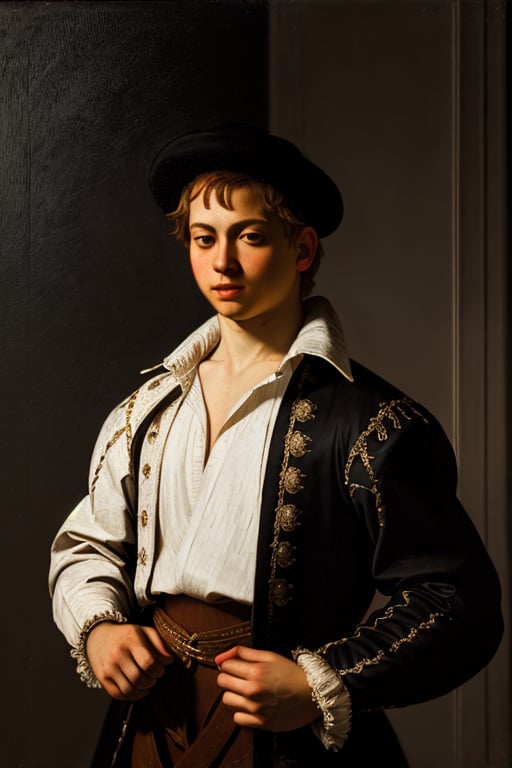 A 22-year-old blonde boy stands in a formal portrait by Caravaggio. He wears ornately decorated baroque clothing from 1640. He stand confidently in a straightforward pose, her features illuminated by soft, natural light. Oil on canvas by Caravaggio.<lora:EMS-405941-EMS:1.000000>