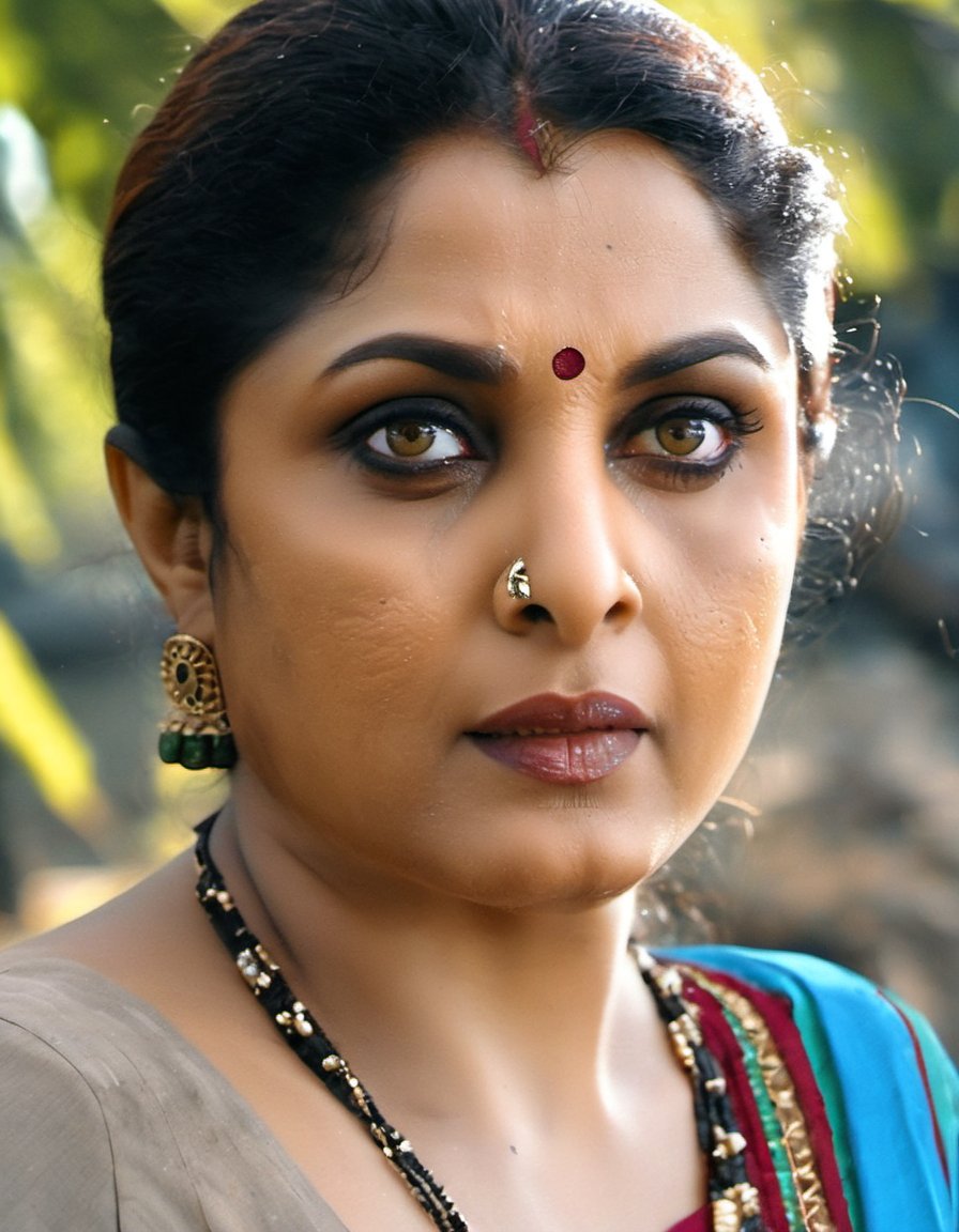 RamyaKrishnan,masterpiece, best quality, rendered eyes, closeup portrait of a young woman stands in the park facing viewer, (photorealistic:1.4), (analog photo:1.4)