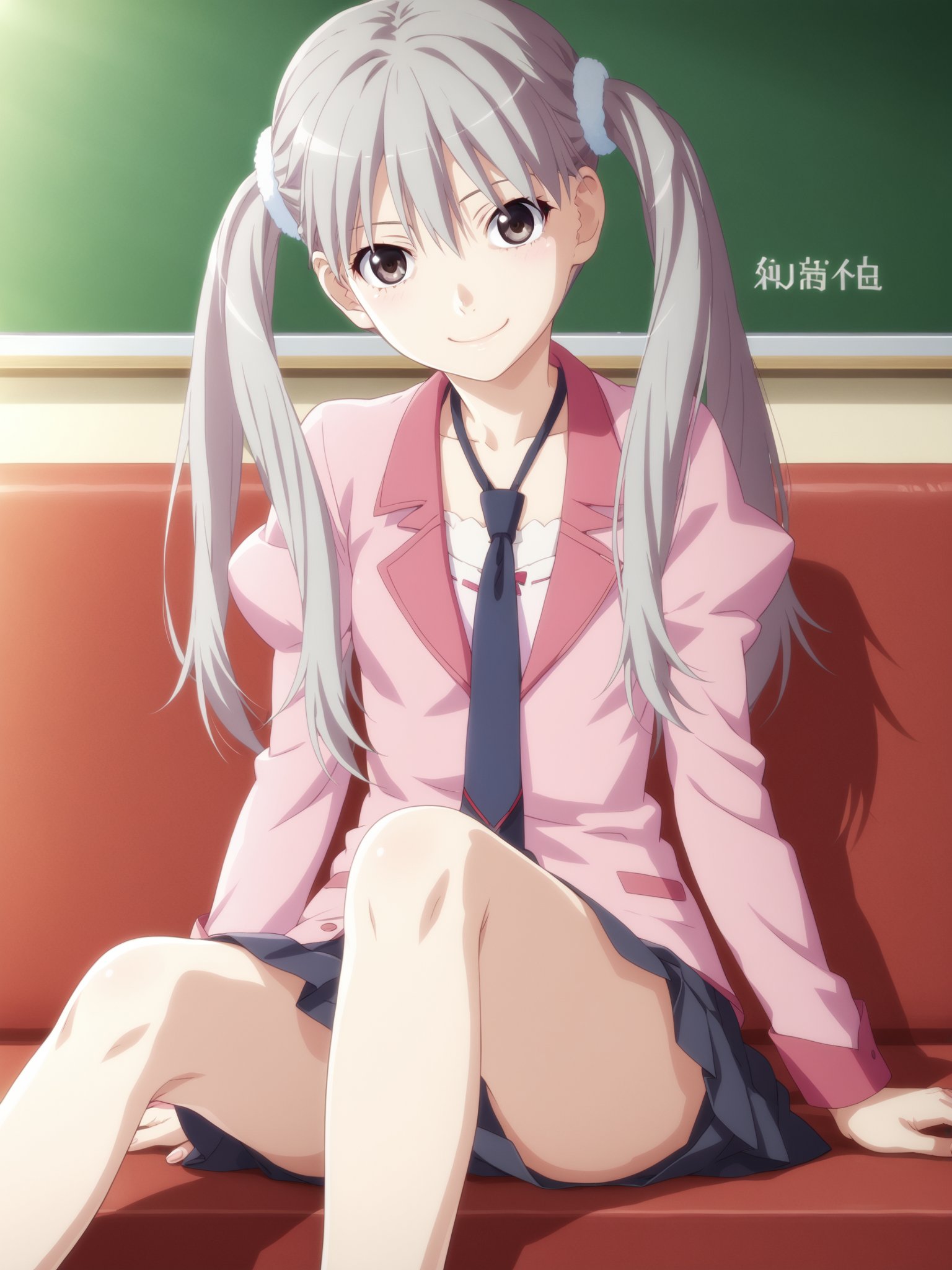 <lora:OikuraSodachi:1>, oikurasodachi, 1girl, smile, pink jacket, necktie, sitting