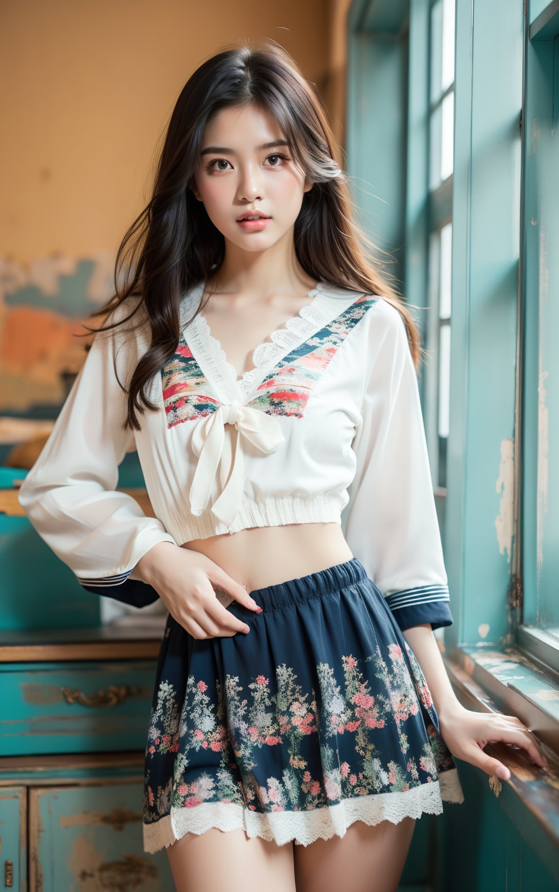 (natural colors, correct white balance, color correction, dehaze,clarity),RAW photo,full sharp,wallpapper 8k uhd,dslr,soft lighting,high quality,(Masterpiece, best picture quality, ),girls,(sailor suit and lace panties and painted chest | patchwork dress :1.2),