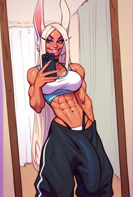 score_9, score_8_up, score_7_up,  1girl, solo, dark-skin, Mirko, visible thong, white hair, long hair, muscular, baggy pants, loose pants, futanari, long penis outline, bulge, abs, blush, mirror selfie, cellphone in hand, smile, pant pull, bimbo zPDXL2 <lora:ThePIT:1>