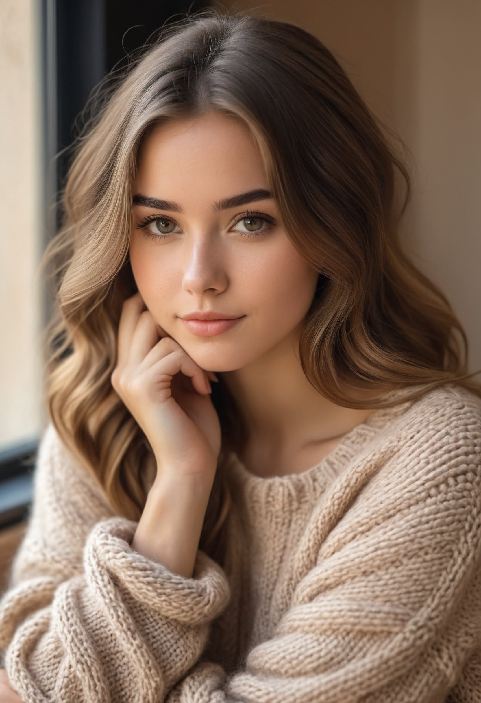 1girl, beautiful young woman, cozy knit sweater, sitting pose, hand resting gently on cheek, direct gaze at viewer, soft natural lighting, warm color palette, comfortable indoor setting, slight smile, relaxed atmosphere, high detail skin texture, realistic hair strands, 8k resolution, photorealistic style