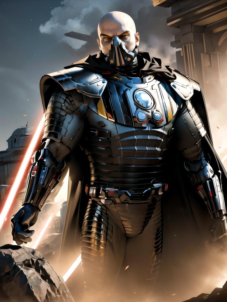 (best quality, masterpiece, beautiful and aesthetic:1.2, colorful, dynamic angle) 1boy, darth malgus, angry, yellow eyes, respirator mask, carbon fibre armor, cape, upper body, (high contrast, official art, extreme detailed, highest detailed) <lora:darthmalgus:0.8>