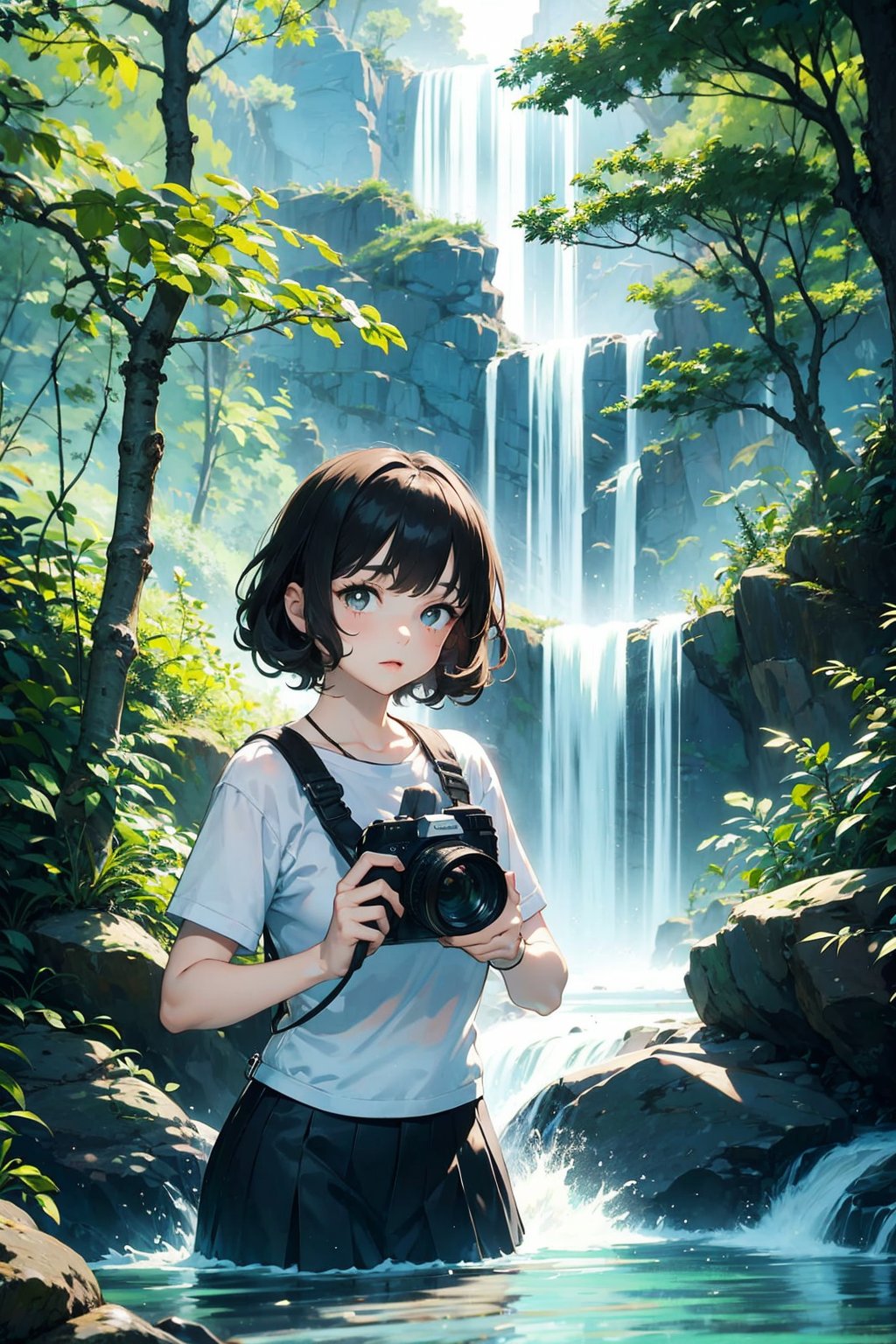 (Masterpiece),(Best Quality),1girl,white cat,black pupils,curly brown hair,in a waterfall,holding a camera,dense forest,adventure,