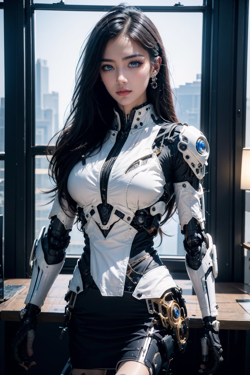 <lora:AgainRealistic_v2.0:0.8>,(beautiful detailed eyes:1.2),(Extremely detailed 8K eyelashes:1.2),(sharp nose:1.2),AgainRealistic_v2.0, solo, 1girl, realistic, mechanical arms, indoors, long hair, breasts, looking at viewer, jacket, single mechanical arm, prosthesis, black hair, skirt, earrings, jewelry, belt, closed mouth, prosthetic arm, cyborg, science fiction, blue eyes, white jacket, computer, lips, window, formal, standing, cyberpunk, laptop