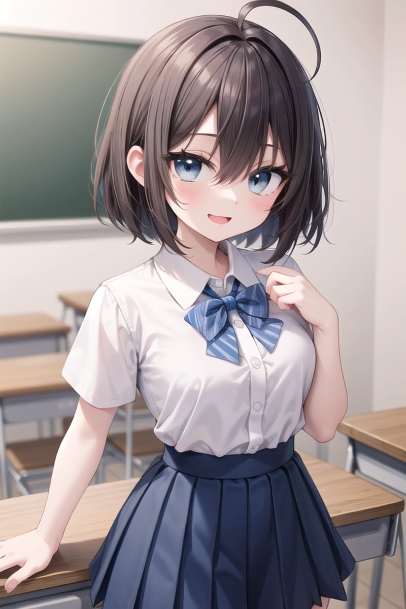 insanely detailed, absurdres, ultra-highres, ultra-detailed, best quality,1girl, solo, nice hands, perfect handsBREAKsummer school uniform, (plain dark blue skirt with many pleats:1.4), (striped indigo blue bowtie:1.3), short sleeves, white shirt, shirt with white buttonBREAK(nsfw:-1.5)BREAKhappy smile, laugh, open mouthBREAKstanding, cowboy shot, looking at viewerBREAKslender, kawaii, perfect symmetrical face, ultra cute girl, ultra cute face, ultra detailed eyes, ultra detailed hair, ultra cute, ultra beautifulBREAKclassroom, depth of field, ultra detailed backgroundBREAKmedium large breastsBREAK, (ahoge:1.2), (short bob cut, hair between eyes, black dark_brown hair), black dark_brown eyes