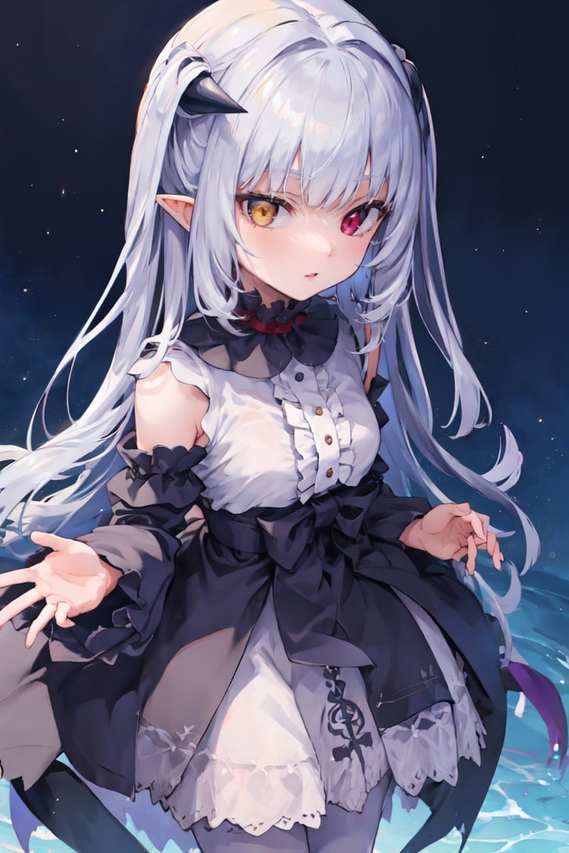 masterpiece, best quality, ultra-detailed, glistening shiny, glowing light, ray tracing, HDR, deph of field, (perfect face, detailed face), 1girl, solo, <lora:ChloeLilithStella:1>, chloelilith, flat chest, pointy ears, demon girl, heterochromia, black dress,  white shirt, frills, frilled collar, detached sleeves, white pantyhose, standing