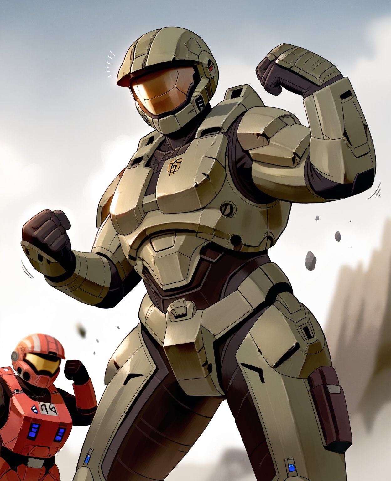 score_9, score_8_up, score_7_up, score_6_up, score_5_up, score_4_up, source_anime, lpugkd, rak, spartan \(halo\), male, 1boy, master chief, solo, helmet, faceless, armor, gloves, power armor, science fiction, crotch plate, breastplate, large breasts, simple background, outside, battlefield, war, battle, fight, flexing, flexing bicep, green armor, standing, looking at viewer, three-quarter portrait, motion lines, emanata,  <lora:spartan_pdxl:1>