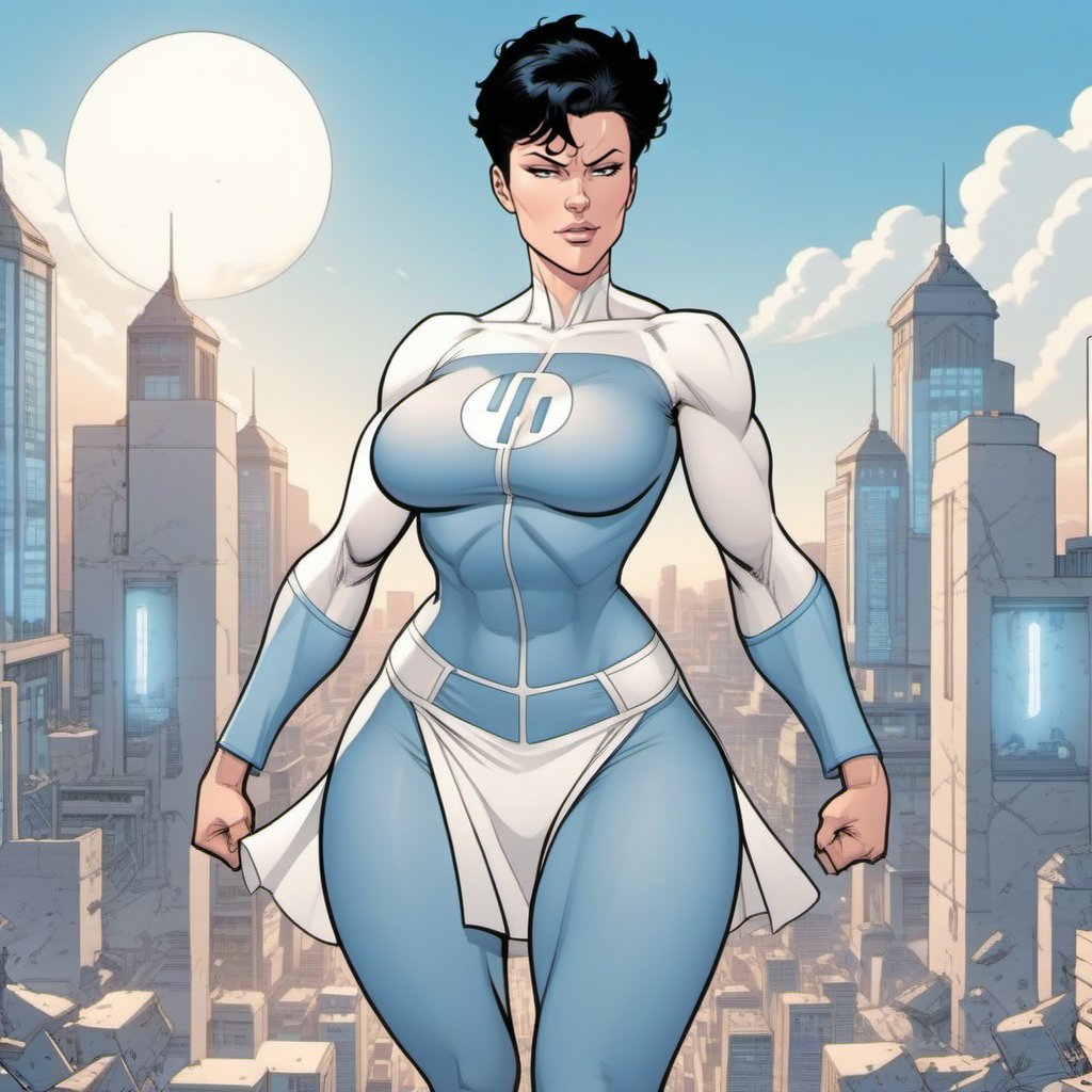 comic  a full body view of  muscular woman upset, short dark hair, huge breast, hourglass figures,wears a futuristic white and lightblue bodysuit, white miniskirt, flying over a city<lora:Anissa1024:0.8>  . graphic illustration, comic art, graphic novel art, vibrant, highly detailed