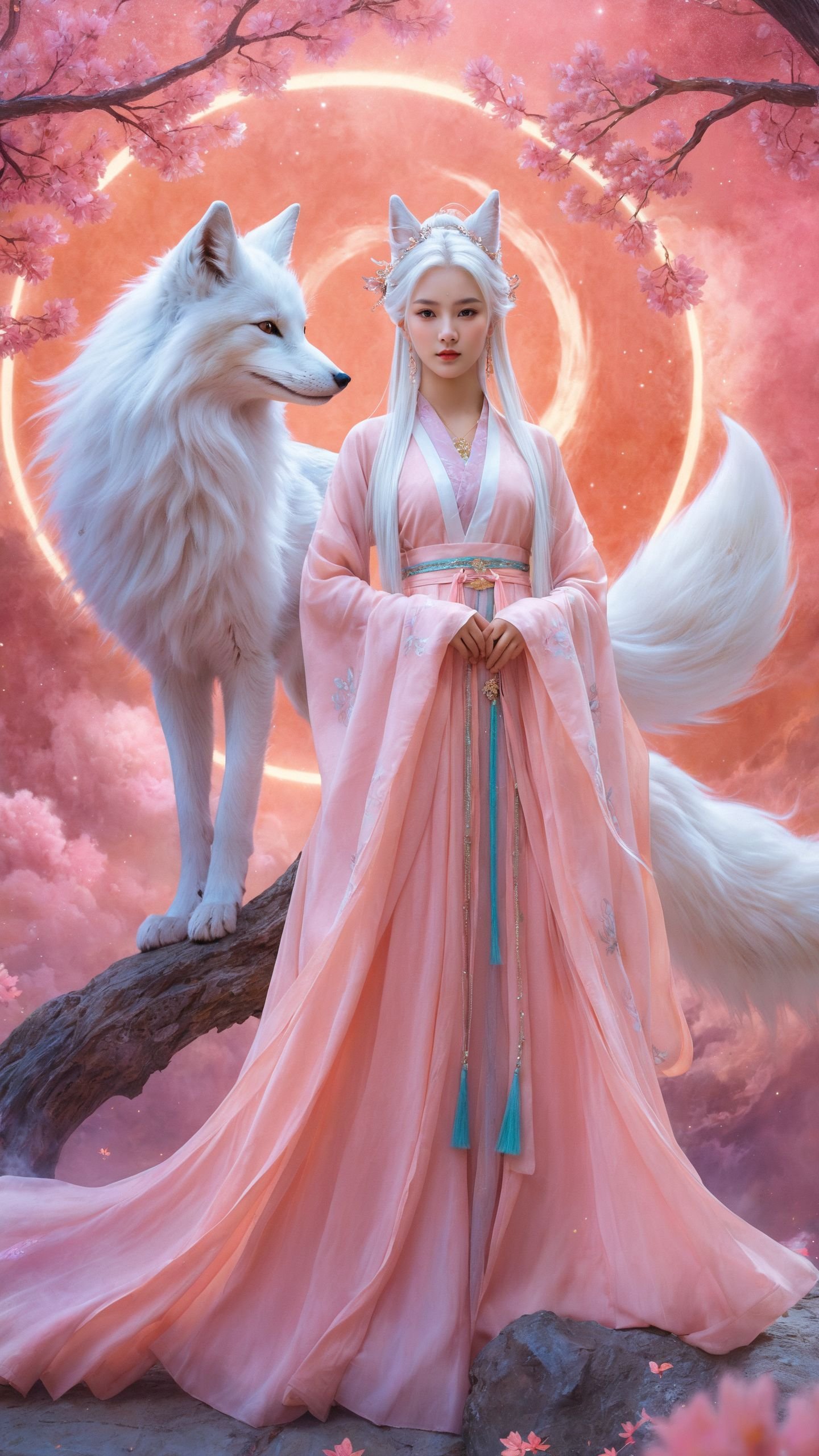 A beautiful girl with white hair,wearing a gorgeous Hanfu and exquisite jewelry on her head,stands in front of a huge nine-tailed fox behind her. The long tail is **** clouds,the light pink color scheme creates a soft tone,pink smoke swirls around,an ethereal aura and mysterious atmosphere. It is a high definition wallpaper with perfect details,super resolution,and high definition images. The delicate brushstrokes are in the style of fantasy with mysterious colors and soft lighting effects.,