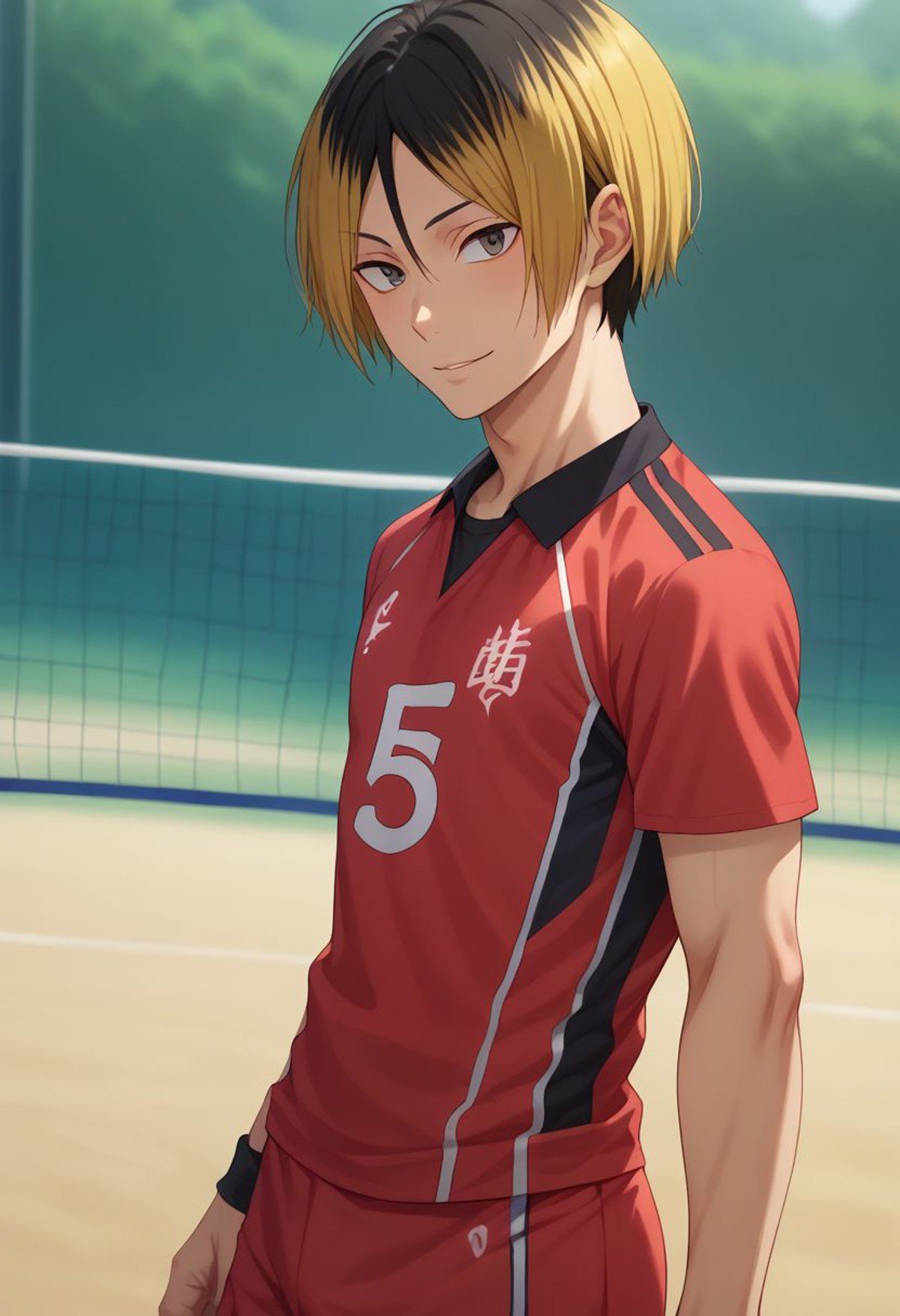 score_9, score_8_up, score_7_up, source_anime, highly detailed, kenma, 1boy, male focus, solo, blonde hair, sportswear, volleyball uniform, multicolored hair, shorts, two-tone hair, black hair, red short, upper body, skinny, slender, short height, smile, looking at viewer,outdoor,