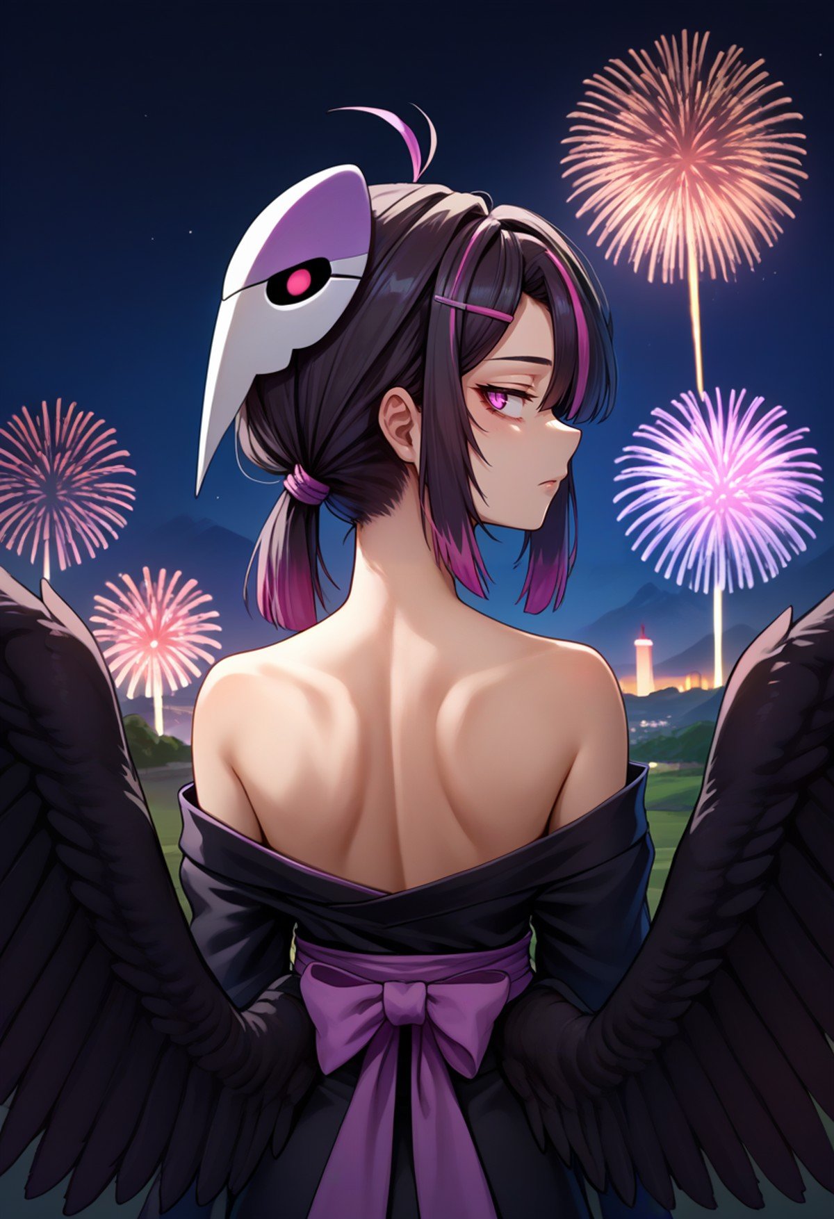 score_9, score_8_up, score_7_up, source_anime, from behind, solo, 1girl, omava, monster girl, harpy, black wings, feathered wings, winged arms, expressionless, looking back, ahoge, hairclip, mask on head, black kimono, off shoulder, purple sash, bare shoulders, fireworks <lora:orcmassage_ava_ponyXL:1>